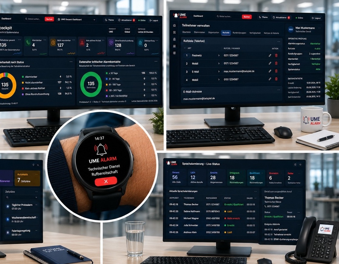 Beispielhafte Dashboard-Ansichten für Teilnehmerstatus, Rufziele, Sprachalarmierung und Datenqualität